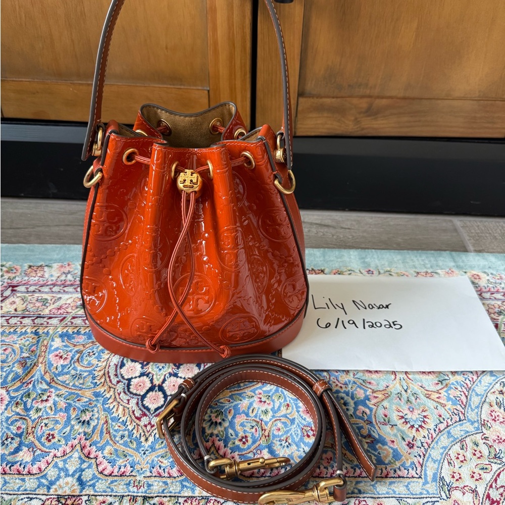 Tory Burch Cognac Mini Bags with Gold Hardware and Structured Design